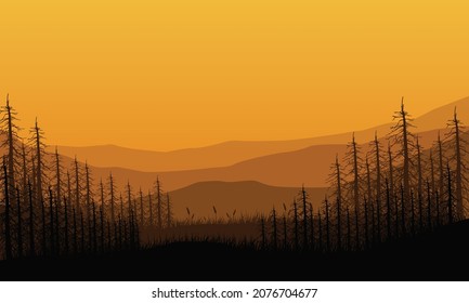 Amazing mountain view with the silhouette of the pine trees from the edge of the city at dusk. Vector illustration of a city