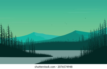 Amazing mountain views in the morning from the riverbank with the silhouettes of pine trees around. Vector illustration of a city