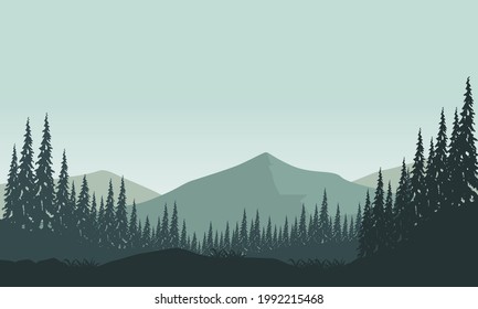 Amazing Mountain views from the outskirts of the city at sunrise in the morning. Vector illustration of a city