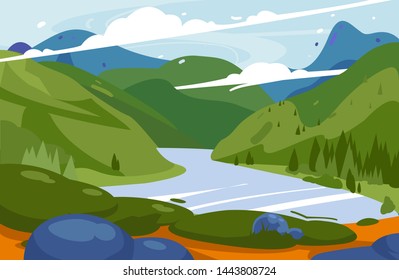 Amazing mountains green landscape vector illustration. National park background. Nature of New Zealand. Minimalist landscape scene with water. Concept of discovery, exploration, adventure