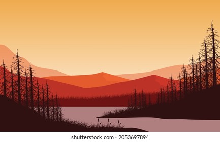 Amazing mountains panorama in the afternoon from the riverbank with the silhouette of the pine trees around it. Vector illustration of a city