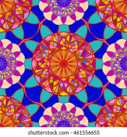 Amazing multicolor kaleidoscope diamond on a background of leaves seamless pattern for new design.