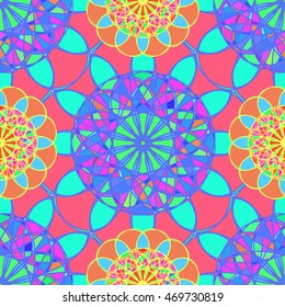 Amazing multicolor kaleidoscope diamond on a background of leaves seamless pattern for new design.