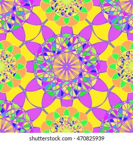 Amazing multicolor kaleidoscope diamond on a background of leaves seamless pattern for new design.