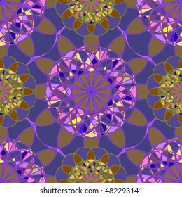 Amazing multicolor kaleidoscope diamond on a background of leaves seamless pattern for new design.