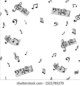 Amazing musical, seamless pattern on a white background. The notes, treble and bass clef are made in black. Can be used for posters, scans, fabrics.