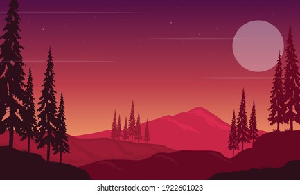 Amazing natural scenery at night with moon and stars in the sky. Vector illustration