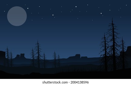 Amazing natural scenery from the out of the city with starry sky and full moon at nighttime. Vector illustration of a city