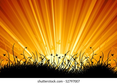 Amazing natural sunrise landscape with grass silhouette for your design