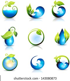 Amazing nature symbols. Water, leafs, waves and sun. Clean and fresh feeling. Can be used also in health care industry.