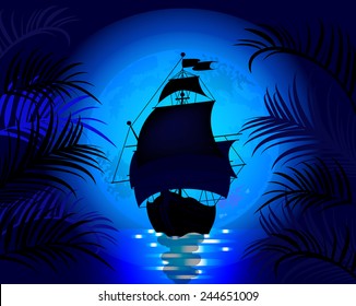 Amazing night landscape with sailing ship at sea on a background of blue moon