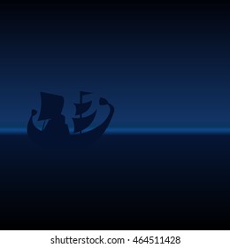Amazing night landscape with sailing ship at sea on a background of blue sky