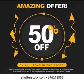 Amazing offer fifty percent sale card in orange and black color. Illustration of Sale Card in decent style