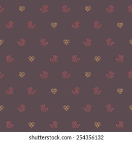Amazing outline vintage duck brown pattern with hearts and guitars