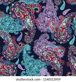 Amazing paisley vector pattern floral ethnic ornament. Hands graphic painting vector tradition leaves curves background. dark blue color with effect layering decor design