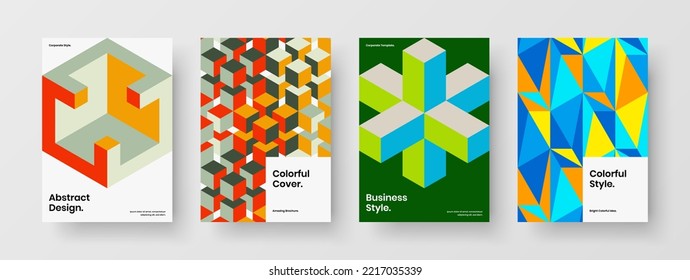 Amazing pamphlet vector design template composition. Multicolored mosaic shapes postcard concept collection.