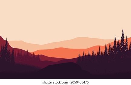 Amazing Panorama of the mountains with the silhouette of pine trees at dusk from the edge of the city. Vector illustration of a city