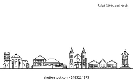 Amazing panorama of the streets in St. Kitts and Nevis. Sights represented by architecture of cultural and historical significance. Vector illustration.