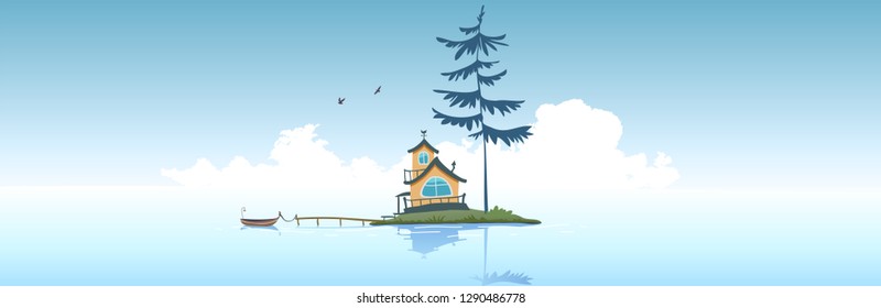 Amazing panoramic vie on asea with littel islant and house and big pine tree. Vector illustration