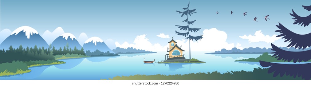 Amazing panoramic vie on a mountains and river with littel islant and house and big pine tree. Vector illustration