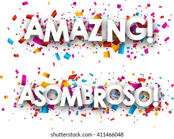 Amazing paper banners with color confetti, Spanish. Vector illustration.