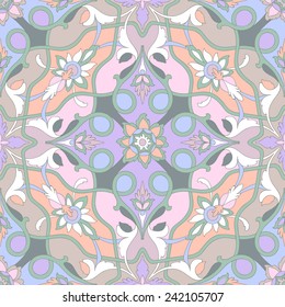 Amazing pastel ornamental pattern of excellent quality and detail. Ligature turquoise stalks of flowers and leaves stranded on a pink, orange, pink, purple and beige background.