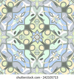 Amazing pastel ornamental pattern of excellent quality and detail. Ligature dark green stalks of flowers and leaves stranded on a blue, yellow, blue, green background.