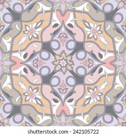 Amazing pastel ornamental pattern of excellent quality and detail. Ligature gray stalks of flowers and leaves stranded on a pink, orange, pink, purple background.