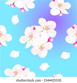Amazing pattern of apple flowers on a blue background. Can be used for fabrics.