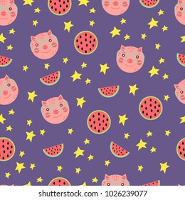 Amazing pattern with happy piglet in eyeglasses with bright watermelons and stars. Great for nursery prints and fabric designs.