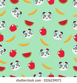 Amazing pattern with panda in eyeglasses with bright bananas, apples and watermelons. Great for nursery prints and fabric designs.