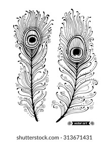 Amazing peacock feathers with dots, spiral. Vector. Set collection. Creative bohemia concept for bridal, wedding invitations, cards, tickets, congratulations, branding, logo label, emblem