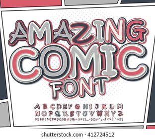 Amazing pink and grey high detail comic font and comic book page. Alphabet in style of comics, pop art. Multilayer funny letters and figures for illustrations, websites, posters, comics, banners