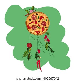 Amazing pizza dreamcatcher. Vector illustration