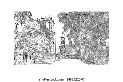 Amazing Places in Southern India. Madurai, Rameswaram, Kanchipuram, Mahabalipuram, Kochi, Kerala Backwaters, Trivandrum, Hampi, Aihole, Aihole, Pattadakal. Hand drawn sketch illustration in vector.