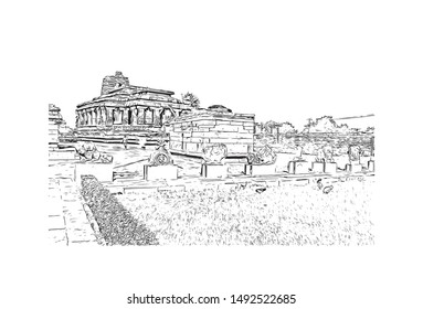 Amazing Places in Southern India. Madurai, Rameswaram, Kanchipuram, Mahabalipuram, Kochi, Kerala Backwaters, Trivandrum, Hampi, Aihole, Aihole, Pattadakal. Hand drawn sketch illustration in vector.