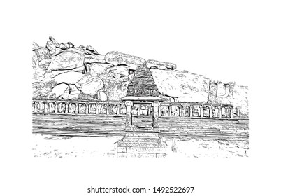 Amazing Places in Southern India. Madurai, Rameswaram, Kanchipuram, Mahabalipuram, Kochi, Kerala Backwaters, Trivandrum, Hampi, Aihole, Aihole, Pattadakal. Hand drawn sketch illustration in vector.