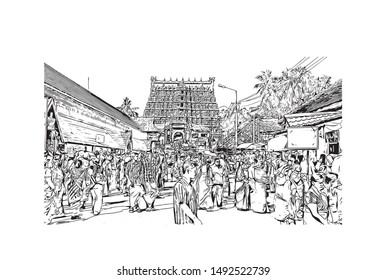 Amazing Places in Southern India. Madurai, Rameswaram, Kanchipuram, Mahabalipuram, Kochi, Kerala Backwaters, Trivandrum, Hampi, Aihole, Aihole, Pattadakal. Hand drawn sketch illustration in vector.