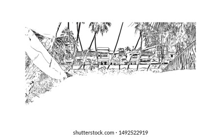 Amazing Places in Southern India. Madurai, Rameswaram, Kanchipuram, Mahabalipuram, Kochi, Kerala Backwaters, Trivandrum, Hampi, Aihole, Aihole, Pattadakal. Hand drawn sketch illustration in vector.