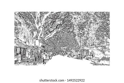Amazing Places in Southern India. Madurai, Rameswaram, Kanchipuram, Mahabalipuram, Kochi, Kerala Backwaters, Trivandrum, Hampi, Aihole, Aihole, Pattadakal. Hand drawn sketch illustration in vector.