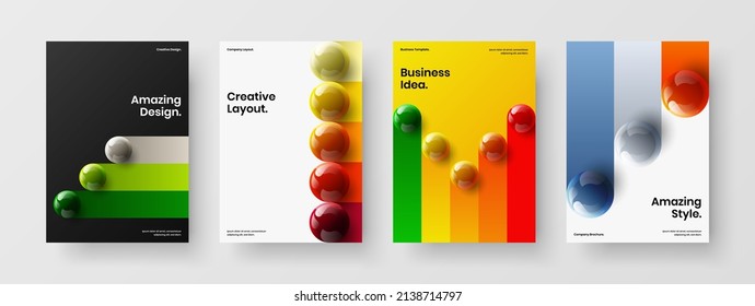 Amazing postcard A4 vector design layout collection. Trendy realistic balls magazine cover concept set.
