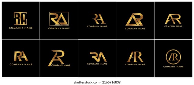 Beeindruckende, professionell elegante, beeindruckende, künstlerisch-luxuriöse goldene Farbe, elegantes Set mit einem RA AR-Logo auf Alphabet-Symbol