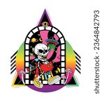 Amazing Psychedelic art with a skeleton killer, alien on drugs, space ship, stars, mushrooms in a geometric background. Trippy color Landscape Illustration vector