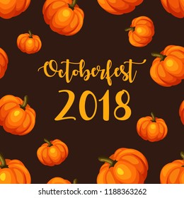 Amazing pumpkins on dark background. Octoberfest  poster or banner. Autumn holidays concept. Isolated vector Illustration. Design for web page, fabric, wallpaper, textile, invitations, flyers.