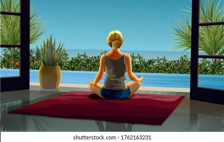 Amazing realistic blondie girl in yoga lotus practices meditation on beautiful interior scene. Practice of yoga on the sea. Vector illustration. Young and happy woman meditating