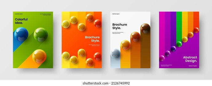 Amazing realistic spheres magazine cover illustration set. Minimalistic presentation vector design layout composition.