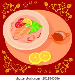 Amazing red fish dish, seasoned with spices and served with a piquant sauce, on pattern background