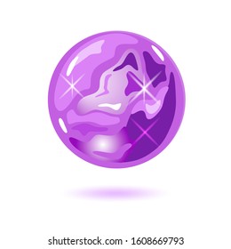 Amazing round shape amethyst. Cristal magic ball. Purple natural gemstone, precious stone. Vector illustration on white background.