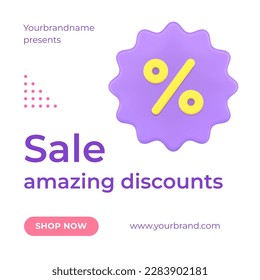 Amazing sale discount at online shop website service landing page with percentage 3d icon promo post vector illustration. Internet advertising marketing sell black friday goods special offer webpage
