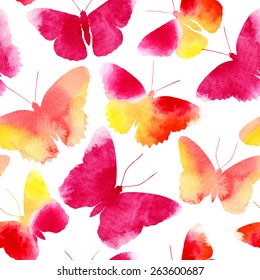 Amazing seamless background with butterflies painted with watercolors, vector illustration